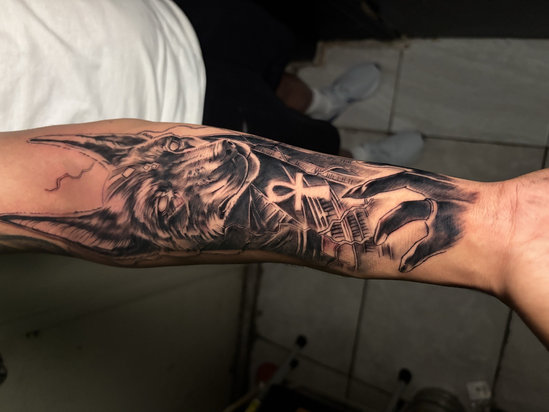 3D + Black & Grey Anubis Egyptian tattoo on Forearm by Redtats on TattMe