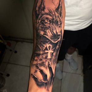 3D + Black & Grey Anubis Egyptian tattoo on Forearm by Redtats on TattMe