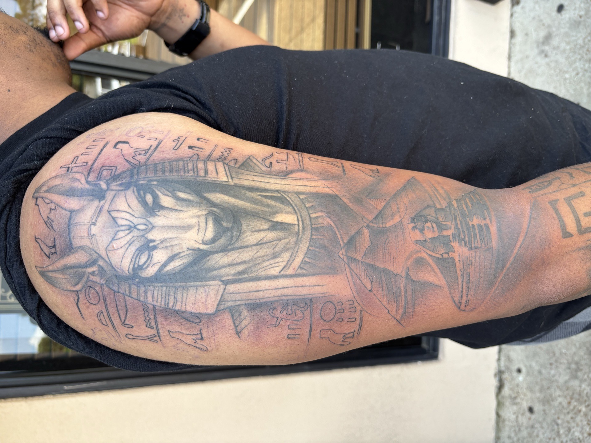3D + Black & Grey Egyptian tattoo on Upper Arm by Redtats on TattMe