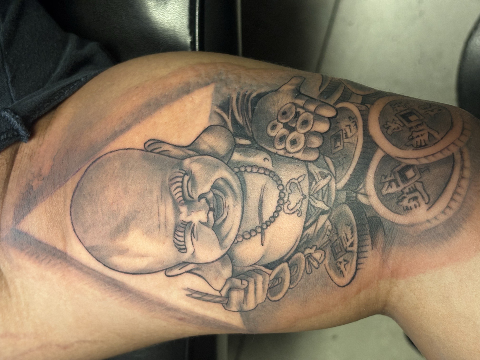 Black & Grey + Illustrative buddha tattoo on Thigh by Redtats on TattMe