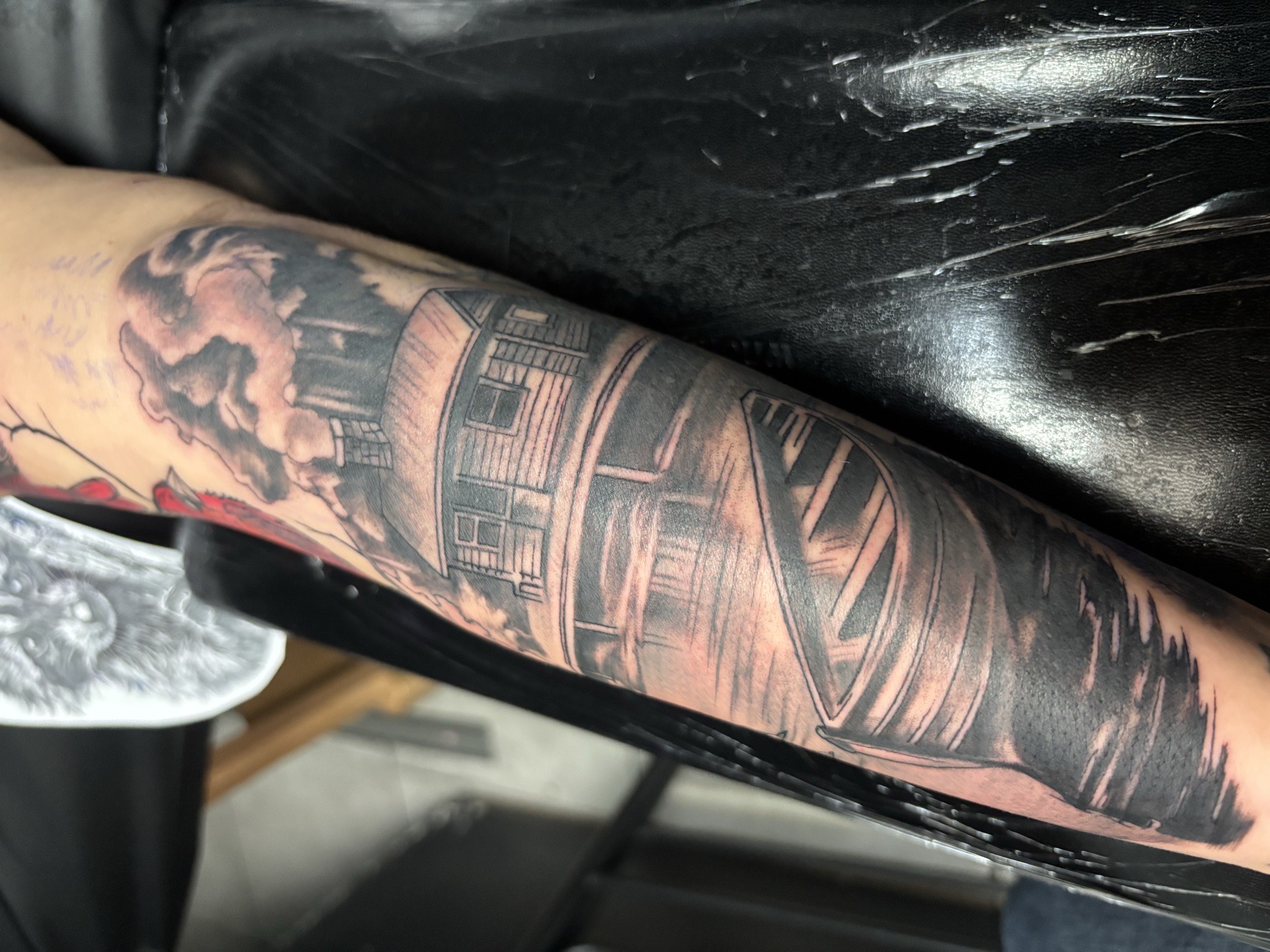 3D + Black & Grey house tattoo on Half Sleeve by Redtats on TattMe