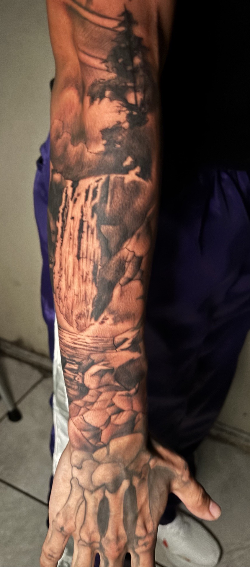 3D + Black & Grey waterfall tattoo on Half Sleeve by Redtats on TattMe