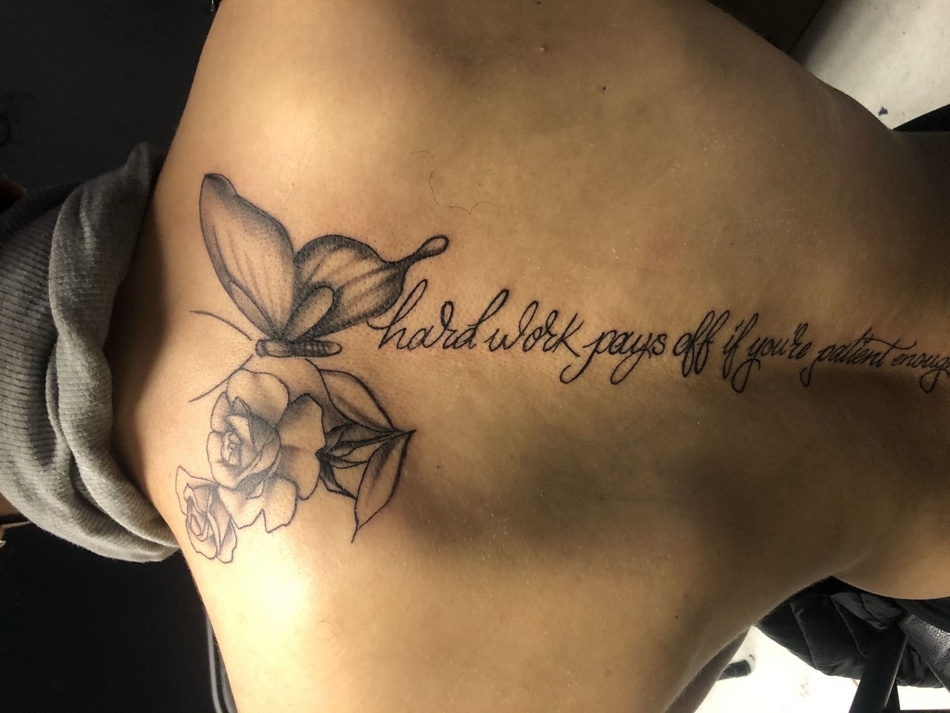 3D + Black & Grey butterfly script tattoo on Spine by Redtats on TattMe