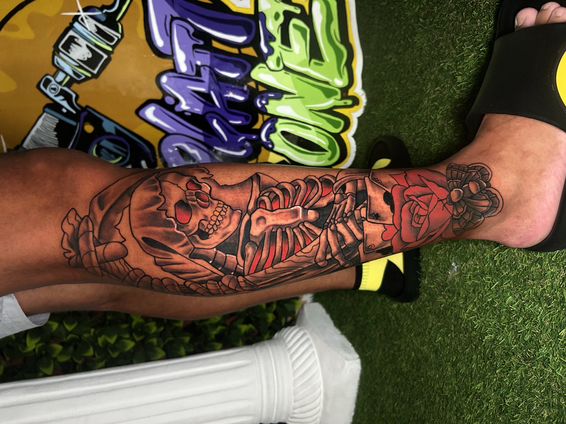 Black & Grey + Traditional grim reaper tattoo on Calf by splattedby_BG on TattMe