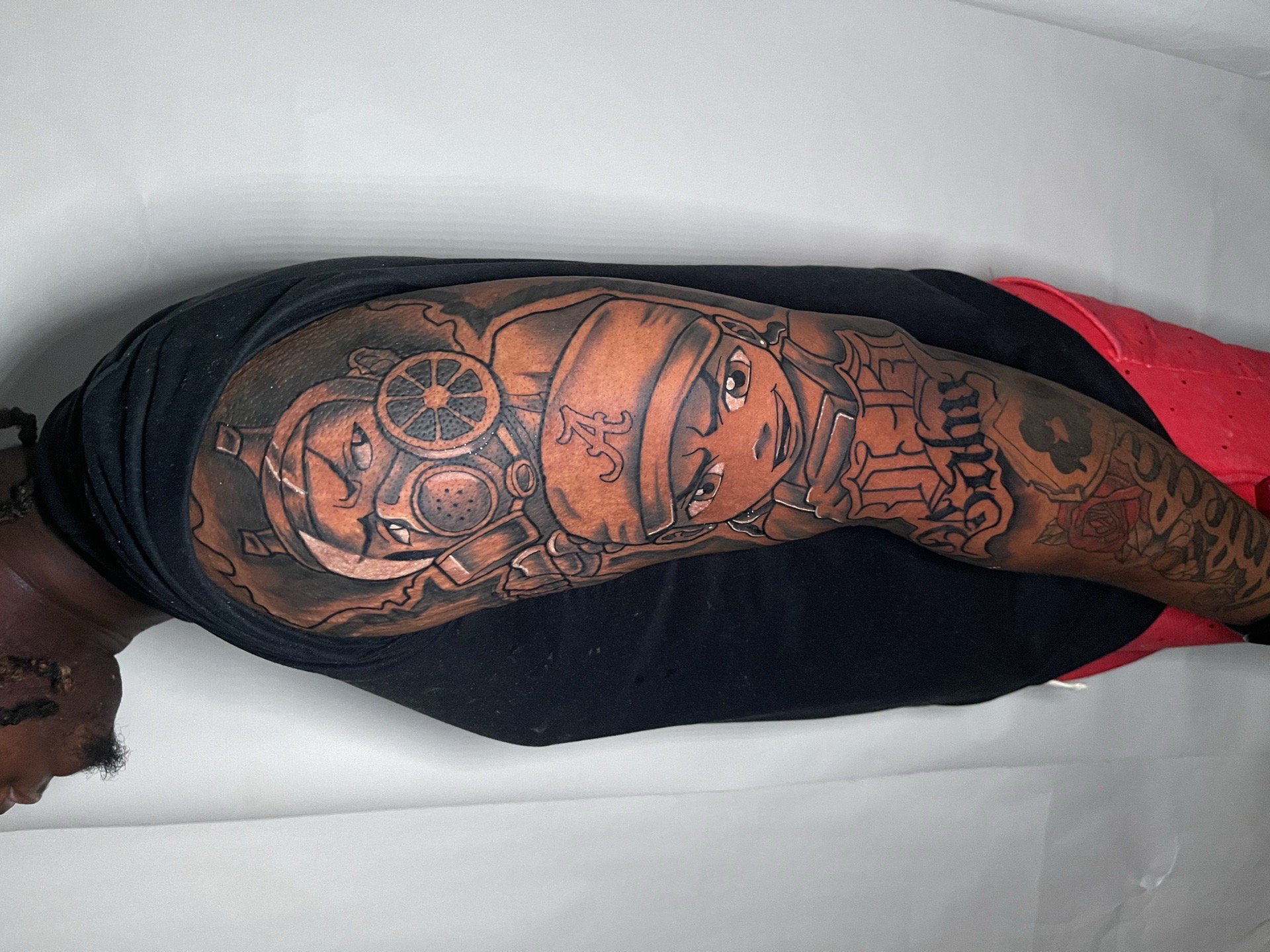 Illustrative + Black & Grey gas mask tattoo on Half Sleeve by splattedby_BG on TattMe
