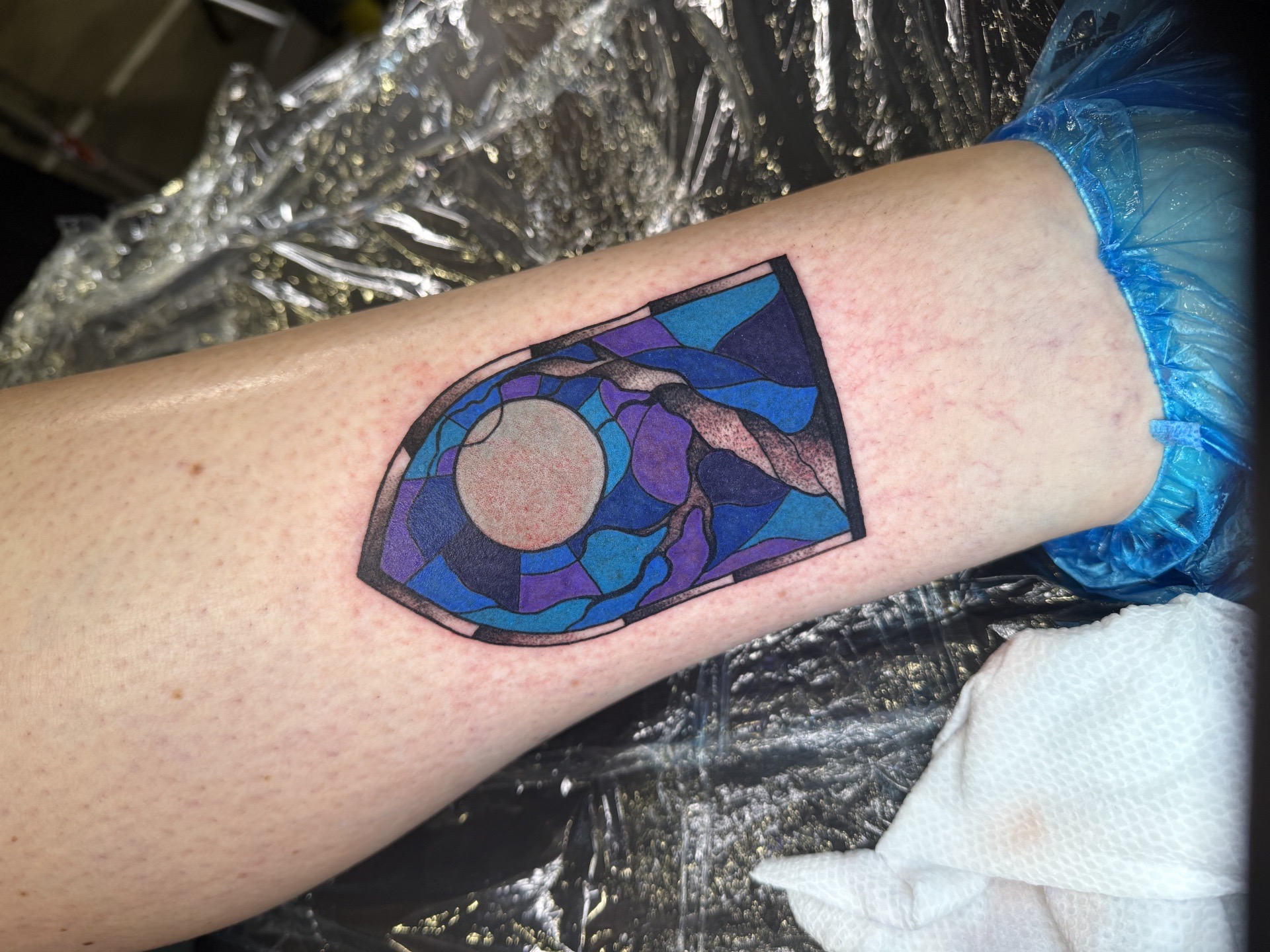 Color + Geometric stained glass tattoo on Calf by Kiwi on TattMe