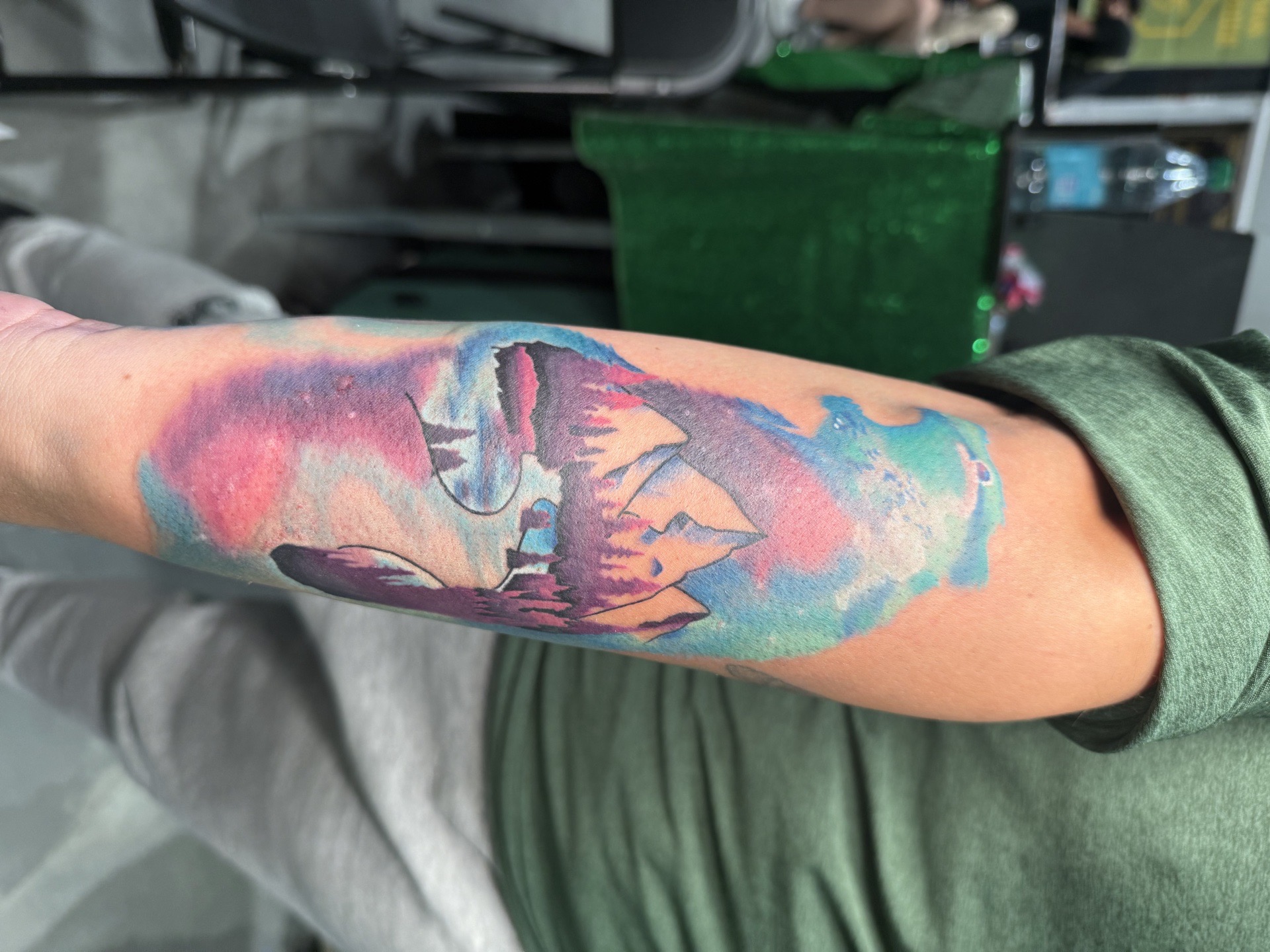 Watercolor + Illustrative mountains tattoo on Upper Arm by Kiwi on TattMe