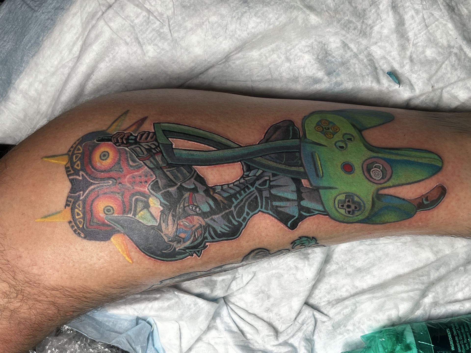 Color + Illustrative link tattoo on Calf by Kiwi on TattMe