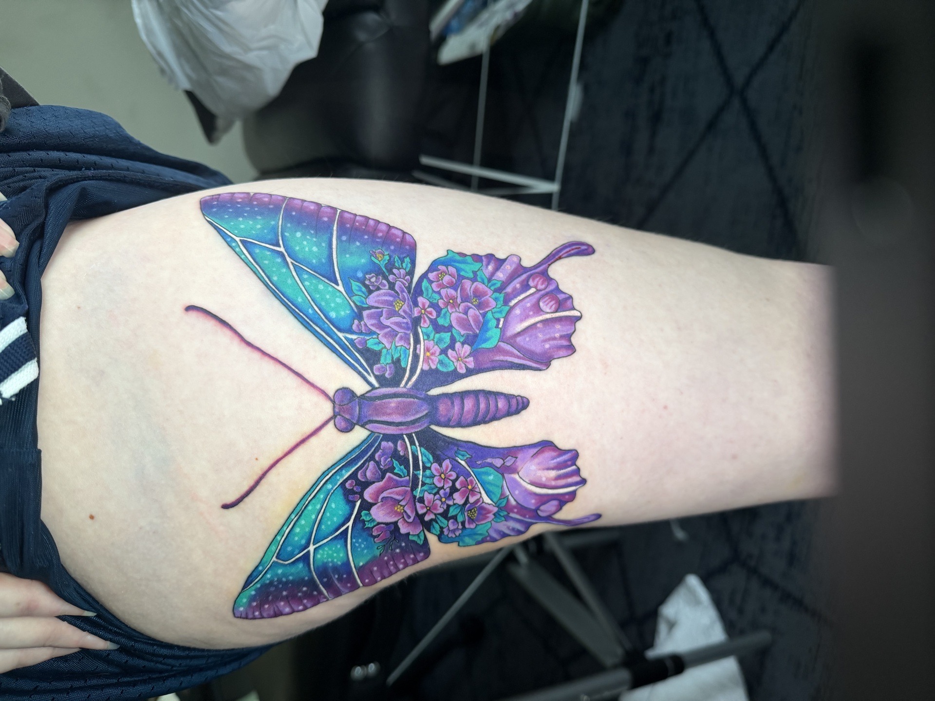 Color + Illustrative butterfly tattoo on Thigh by Kiwi on TattMe
