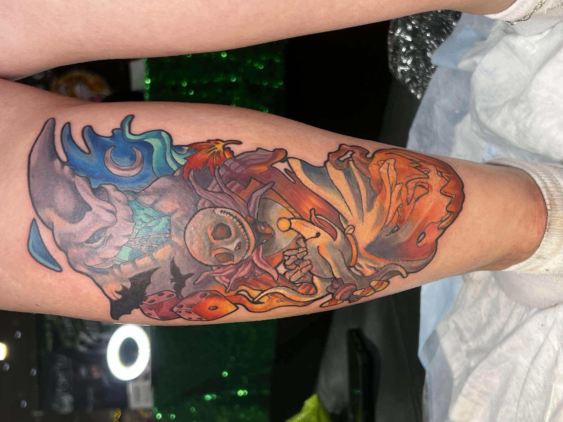 Color + Illustrative jack skellington tattoo on Calf by Kiwi on TattMe
