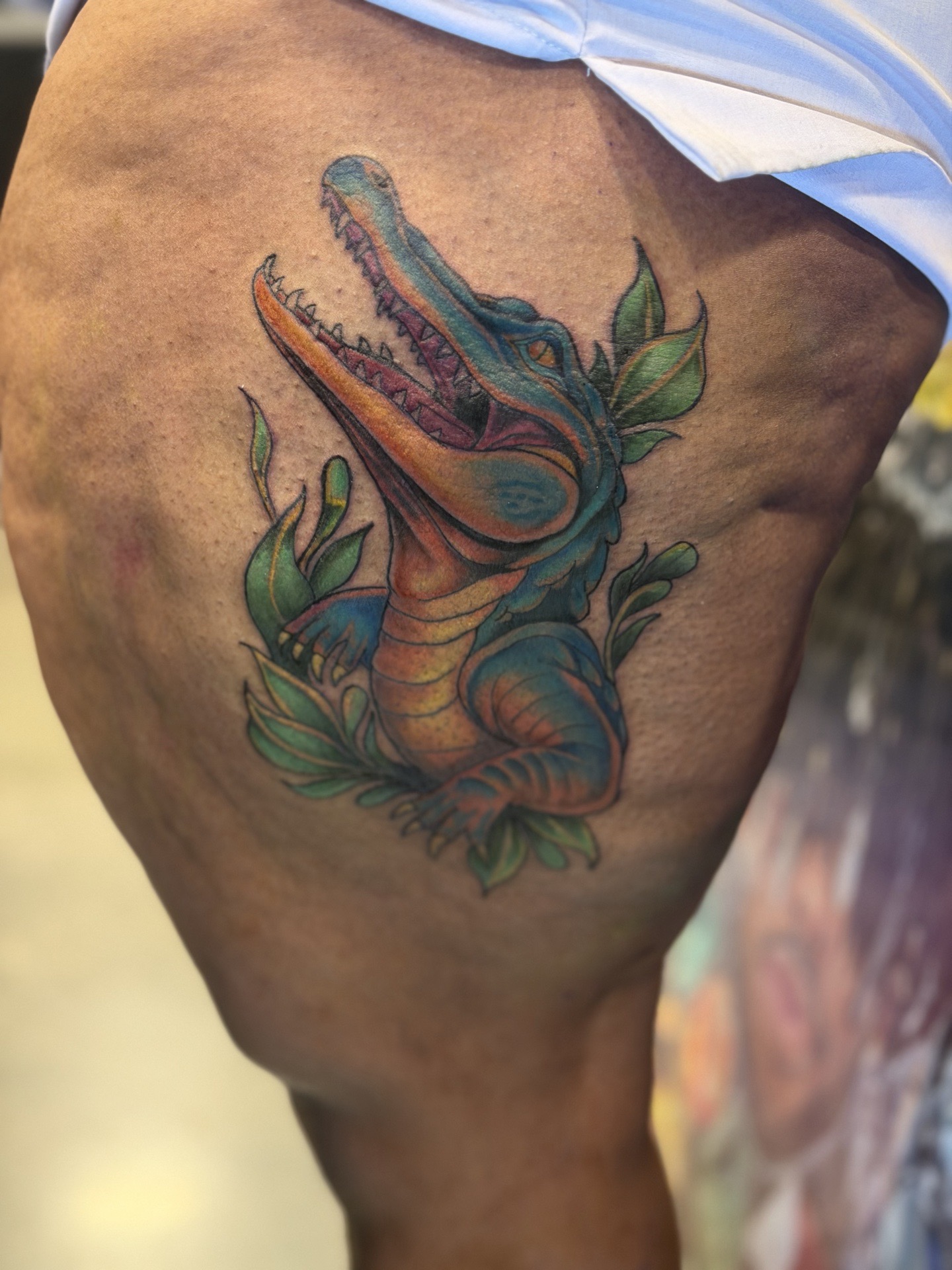 New School + Color alligator tattoo on Thigh by Kiwi on TattMe