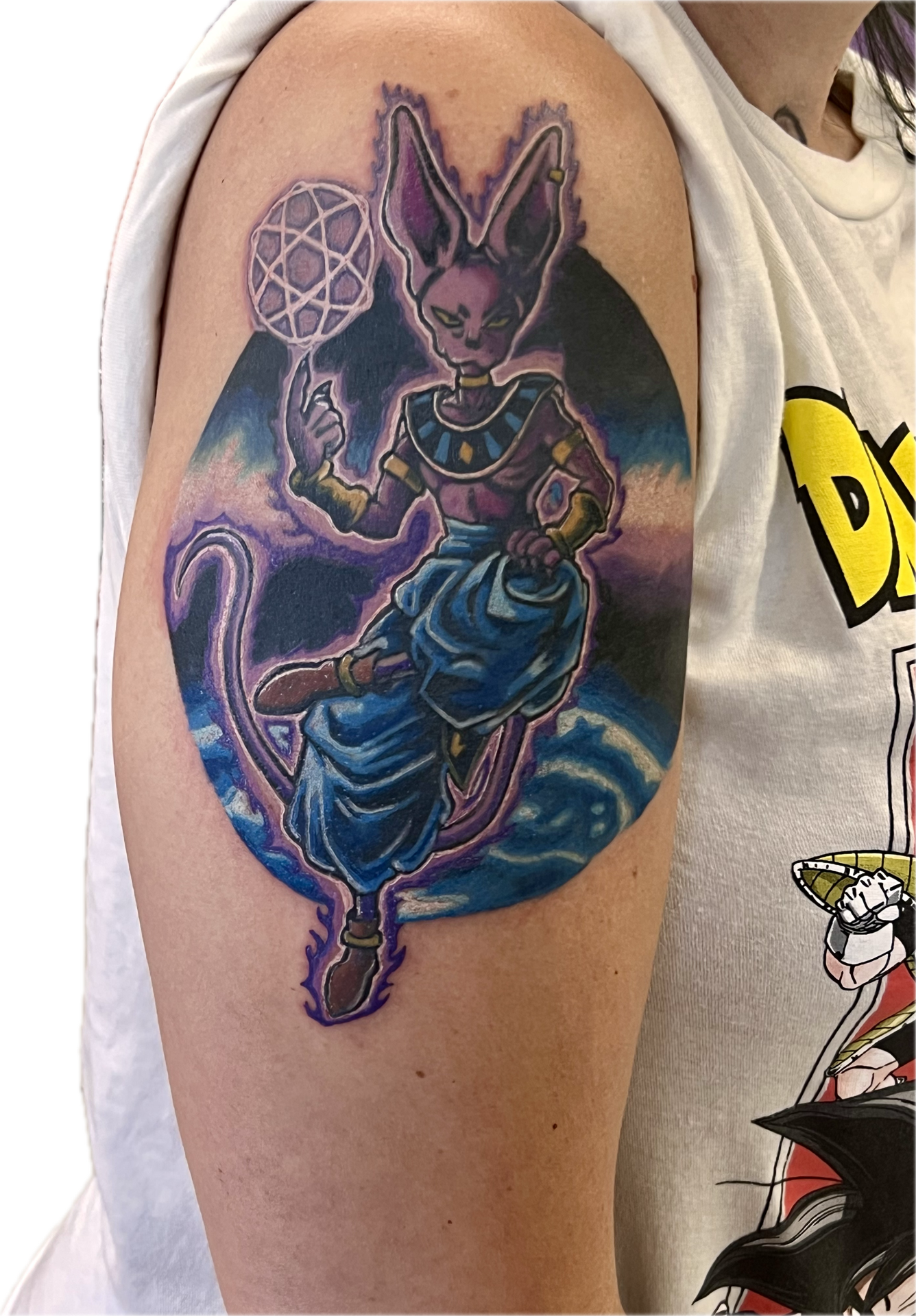 Anime + Color beerus tattoo on Upper Arm by Kiwi on TattMe