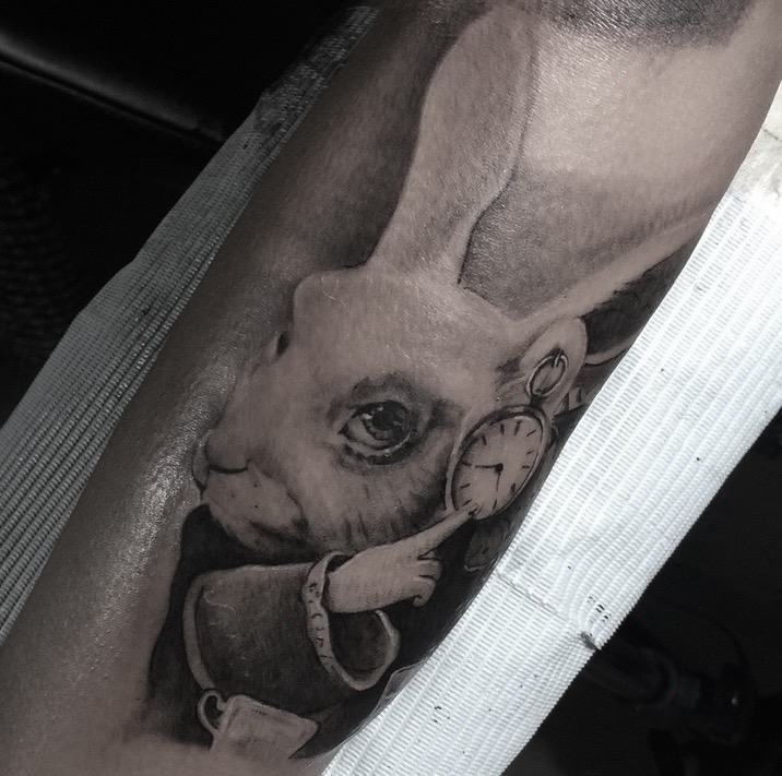 Black & Grey + Portrait Realism alice in wonderland rabbit tattoo by Tattoos_By_Danny_Cruz on TattMe