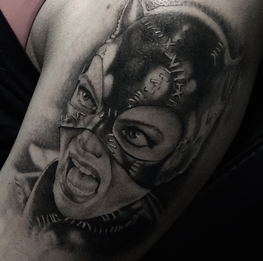 Black & Grey catwoman portrait tattoo on Upper Arm by Tattoos_By_Danny_Cruz on TattMe