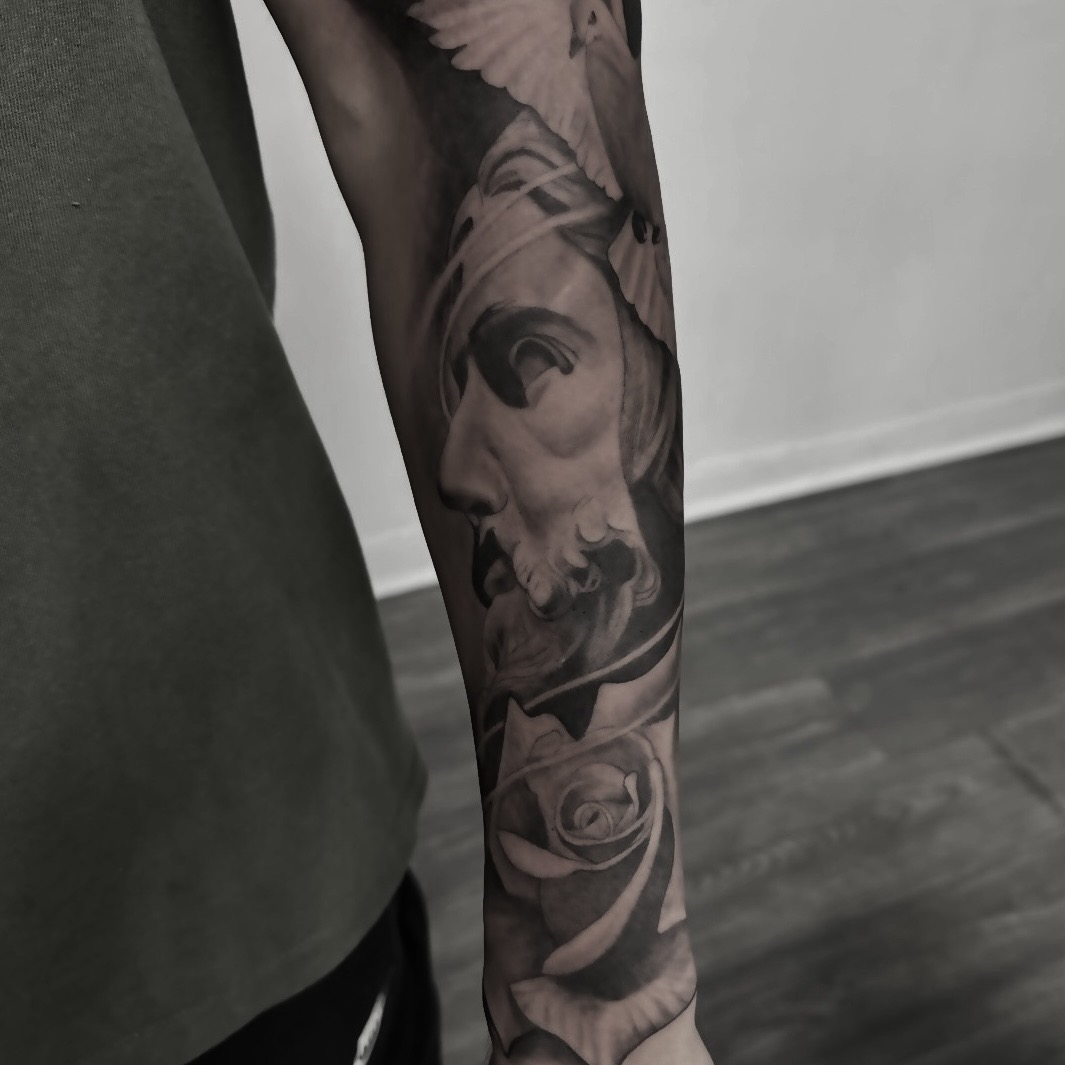 Black & Grey + Realism statue tattoo on Forearm by Tattoos_By_Danny_Cruz on TattMe