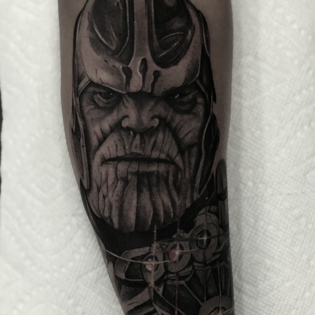 Black & Grey + Pop Culture thanos portrait tattoo on Forearm by Tattoos_By_Danny_Cruz on TattMe