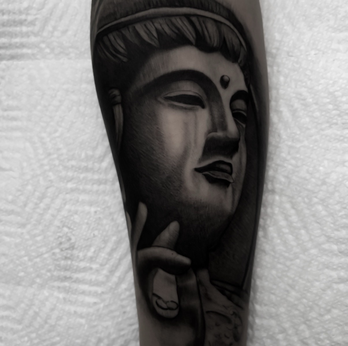 Black & Grey buddha statue tattoo on Forearm by Tattoos_By_Danny_Cruz on TattMe