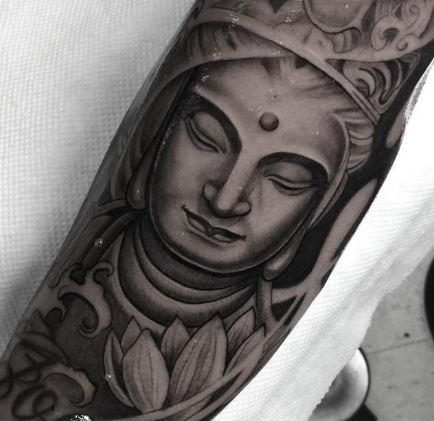 Black & Grey + Realism buddha tattoo on Forearm by Tattoos_By_Danny_Cruz on TattMe
