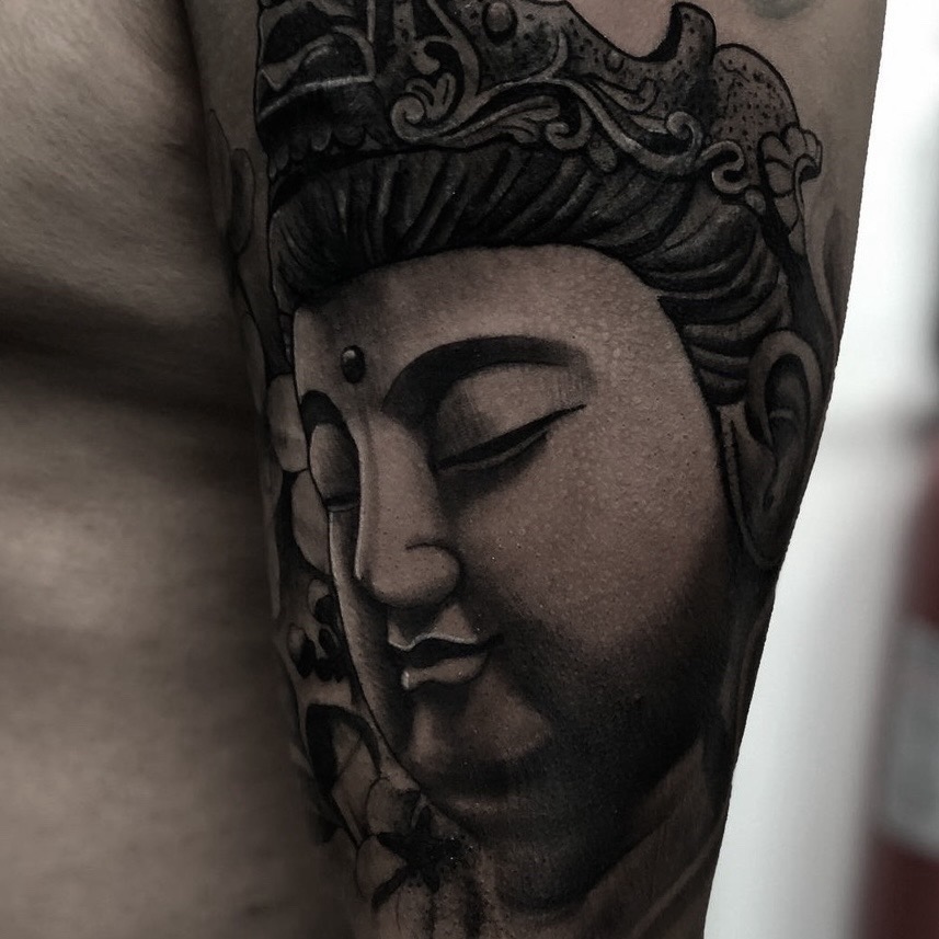 Black & Grey + Realism buddha tattoo on Upper Arm by Tattoos_By_Danny_Cruz on TattMe