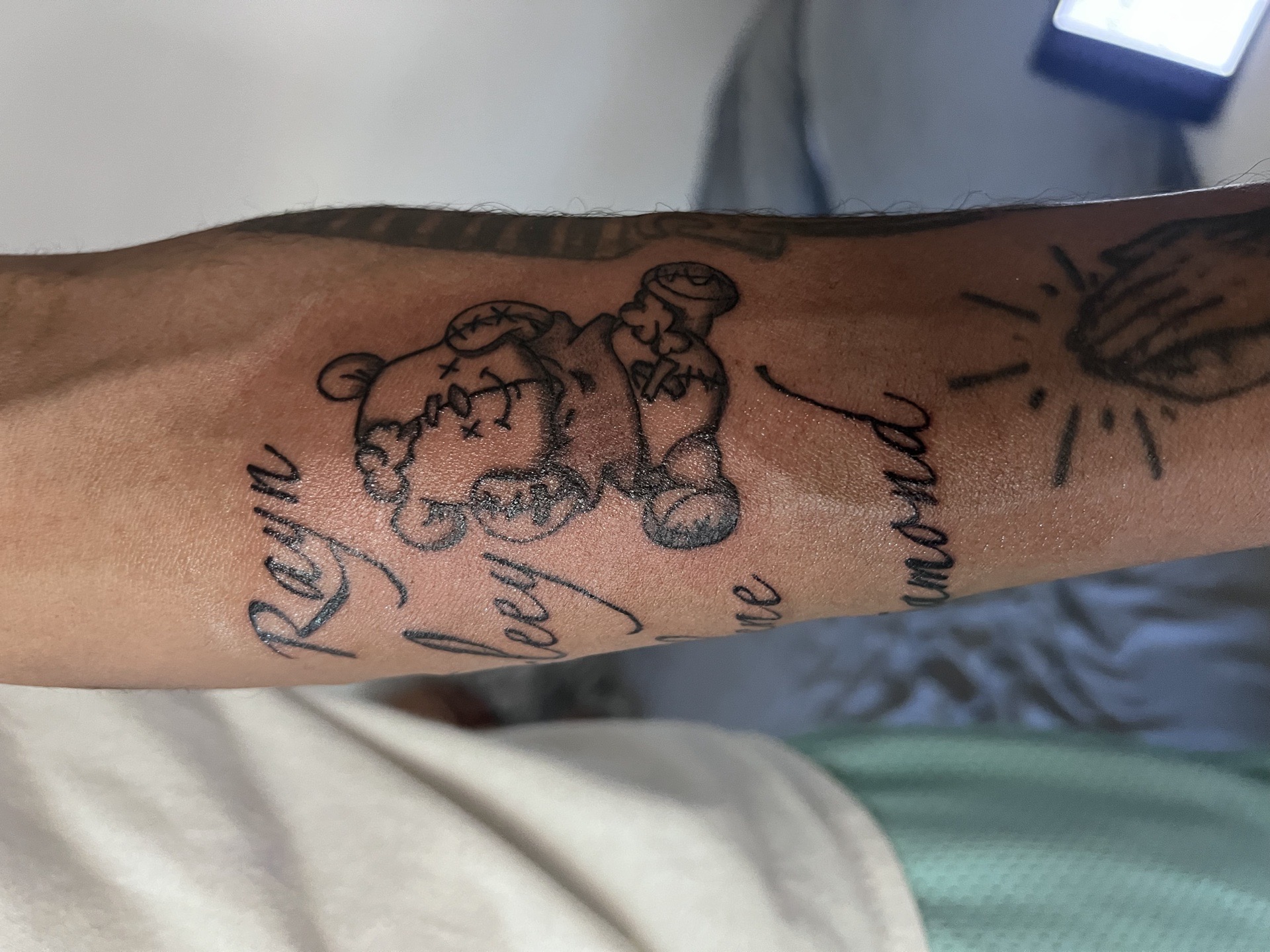 Black & Grey teddy bear, names tattoo by Gifted_j_ on TattMe