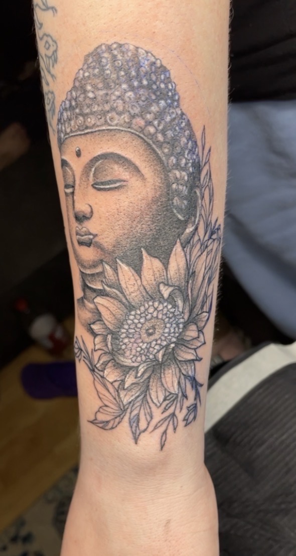 Fine Line + Black & Grey Buddha flower quarter sleeve tattoo by needleworks_tattoo_studio on TattMe