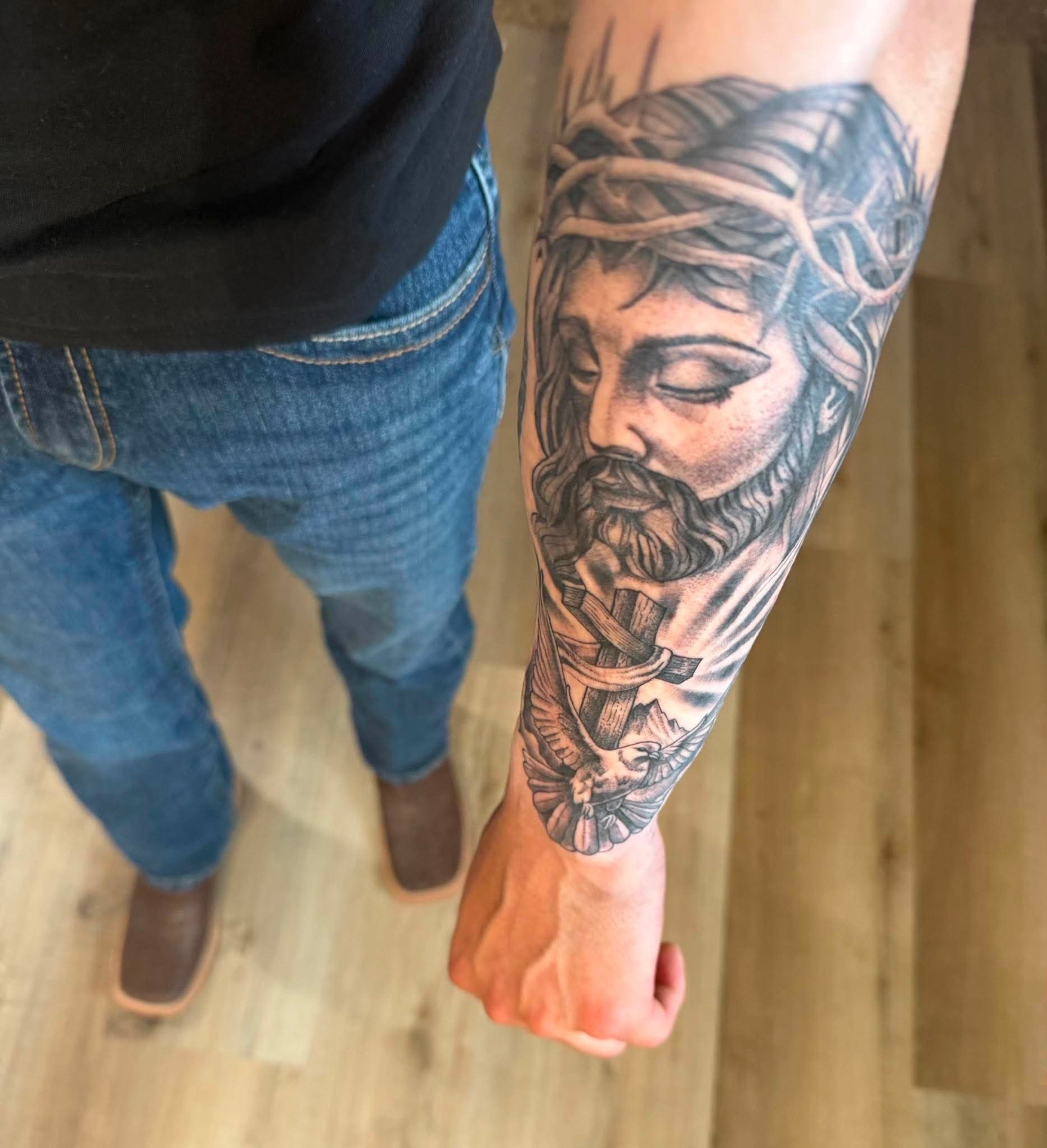 Black & Grey + Realism jesus tattoo on Forearm by needleworks_tattoo_studio on TattMe