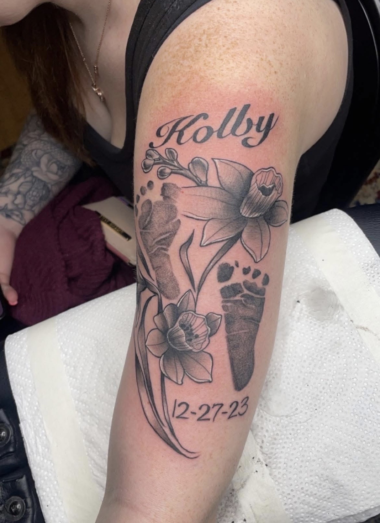 Neo-Traditional + Black & Grey flower tattoo on Upper Arm by needleworks_tattoo_studio on TattMe
