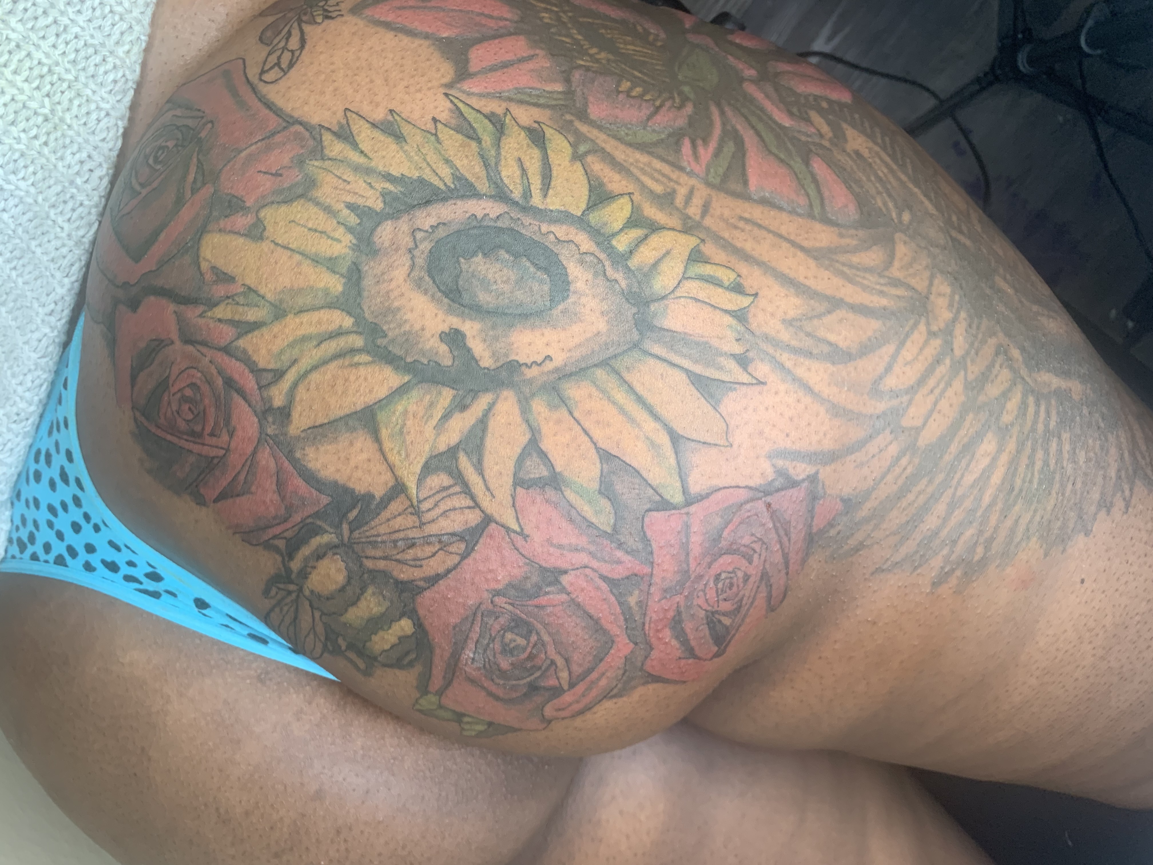 Neo-Traditional + Black & Grey Sunflower, Roses, Bee tattoo on Buttocks by Prophesa_ink on TattMe