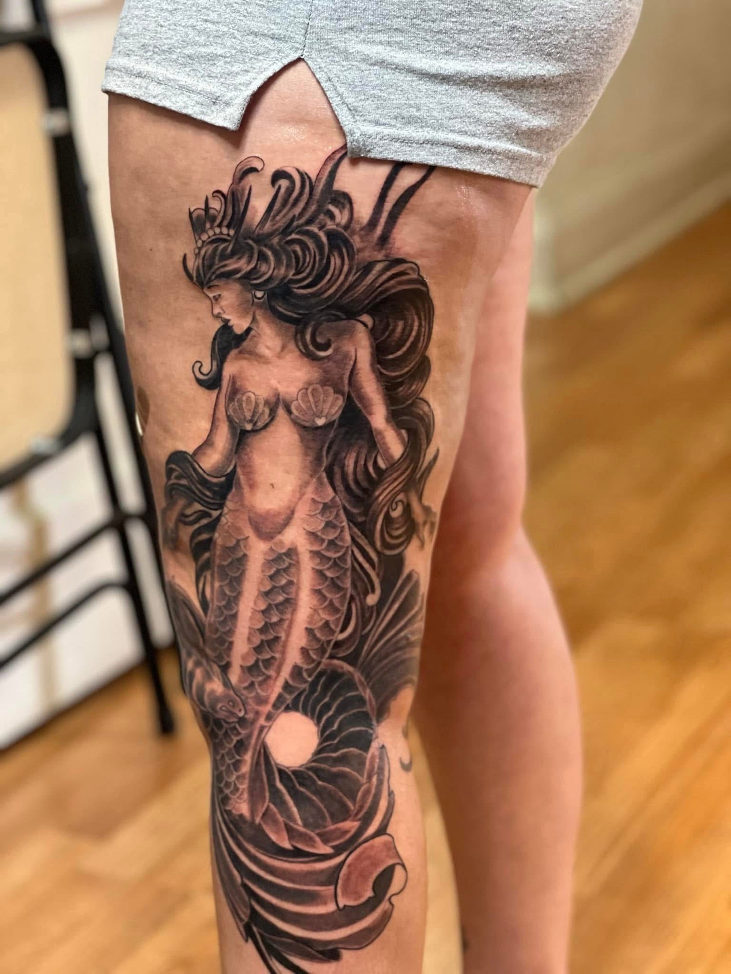 Black & Grey + Illustrative mermaid tattoo on Thigh by tattoogoonz on TattMe