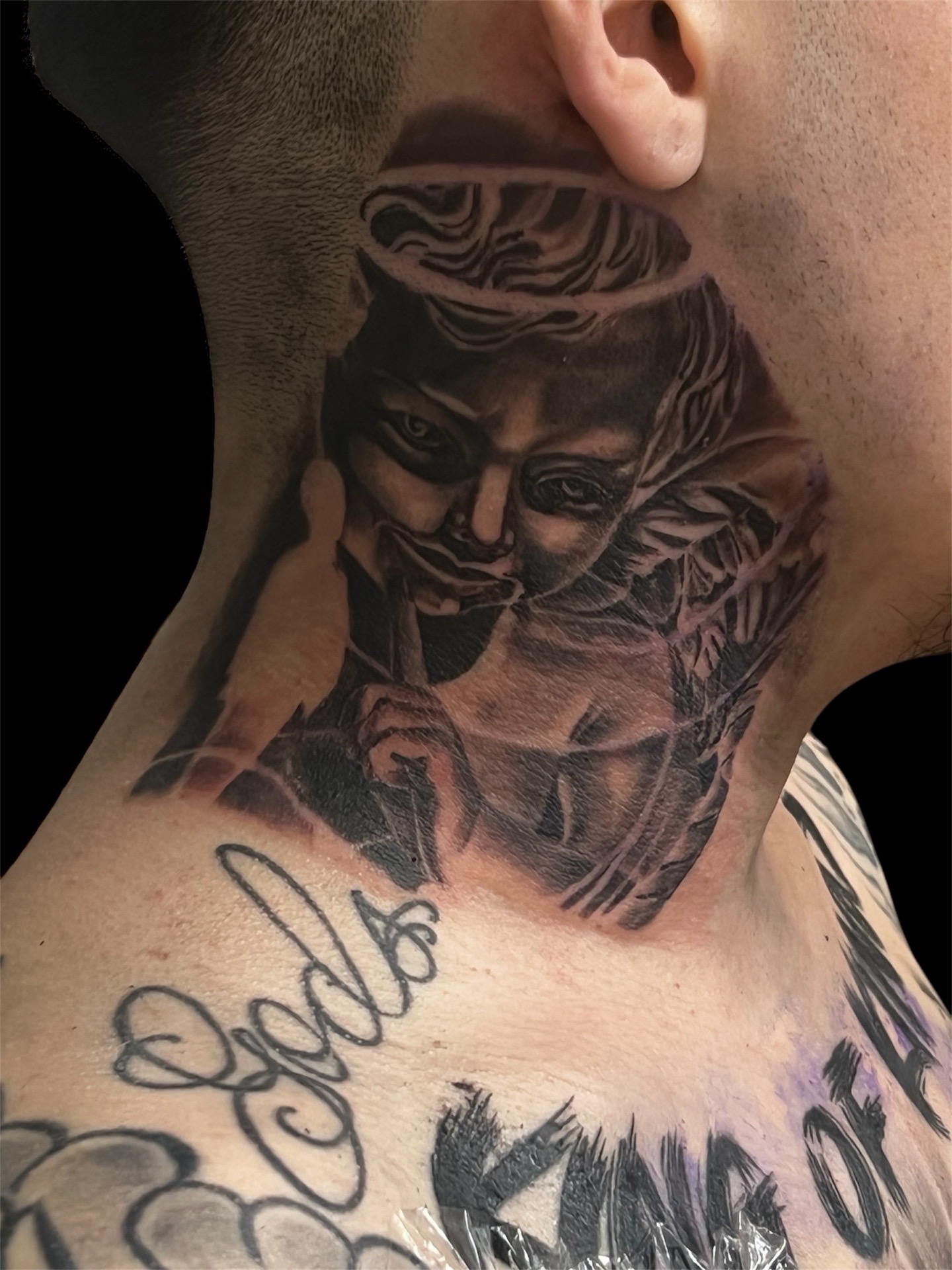 Black & Grey + Realism angel tattoo on Neck (Side) by tattoogoonz on TattMe