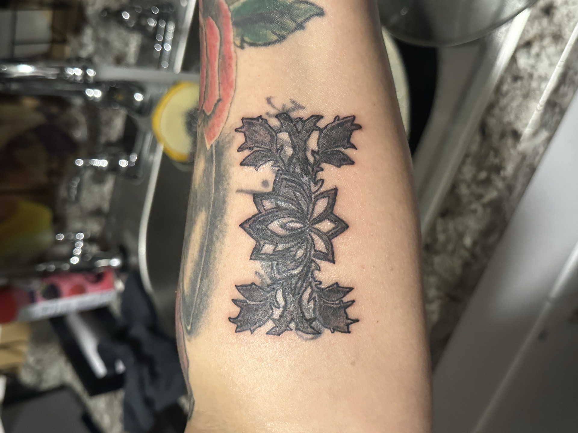 Black-work + Floral lotus tattoo on Forearm by Millogang_ink on TattMe