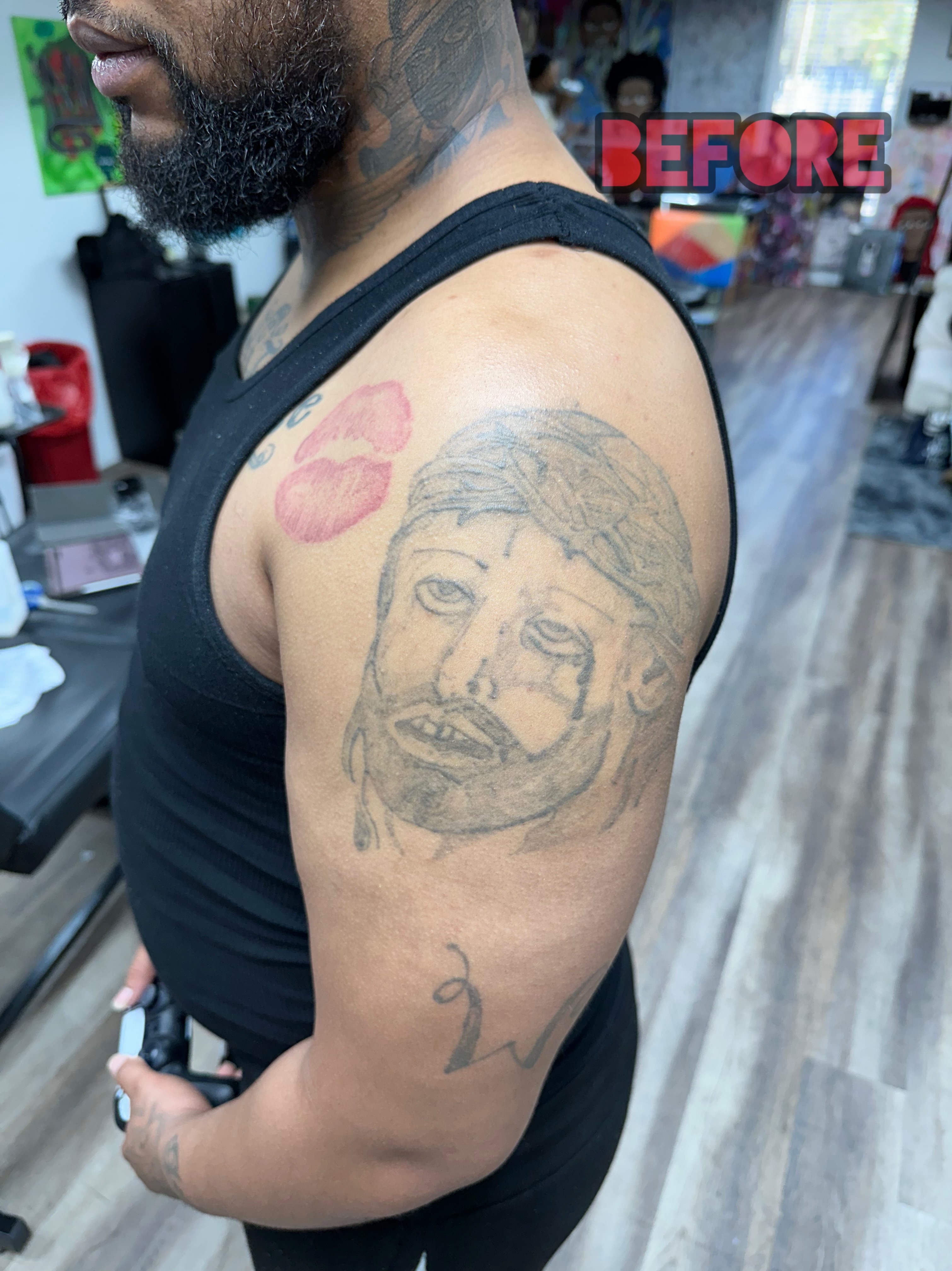 Line-work + Color face tattoo on Upper Arm by LameDoingTatts on TattMe