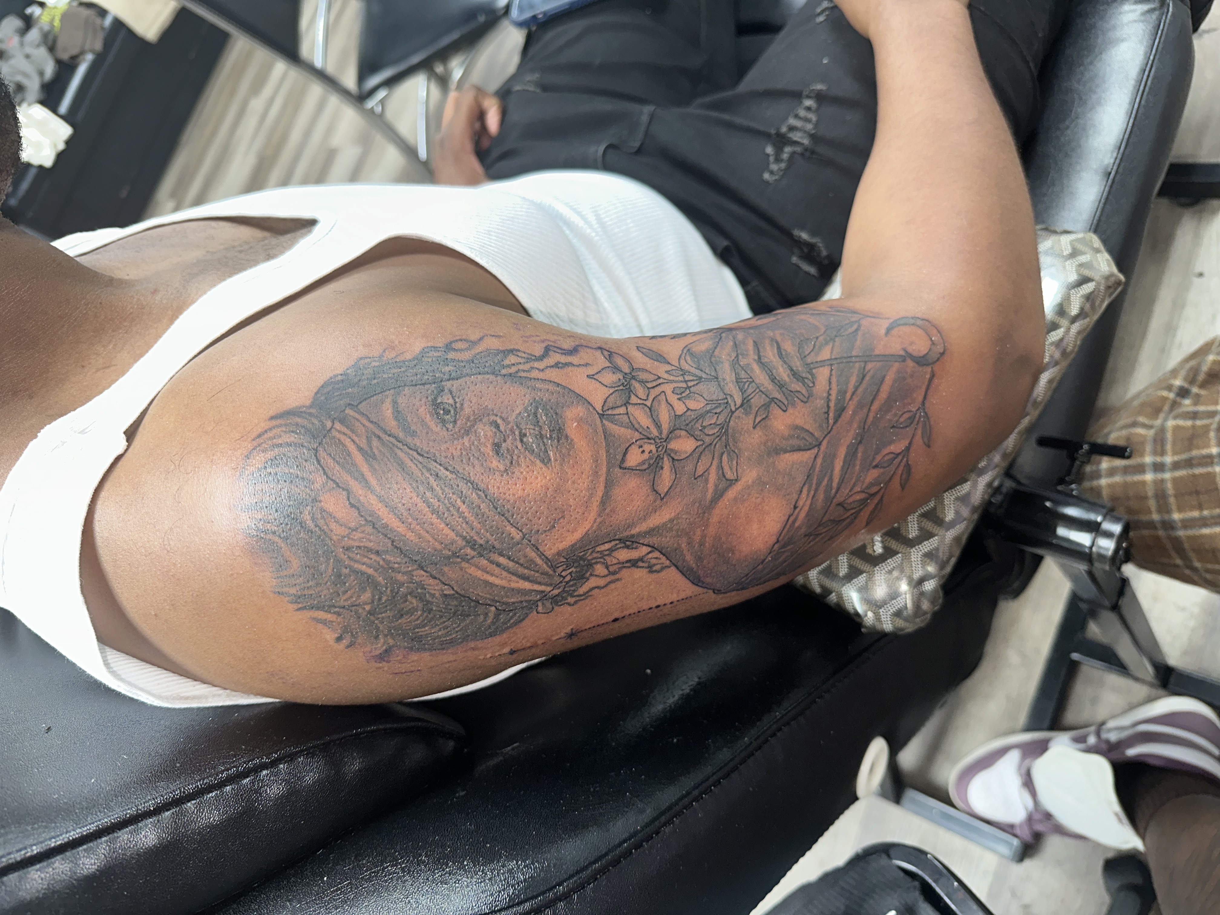 Black & Grey + Illustrative woman tattoo on Upper Arm by LameDoingTatts on TattMe