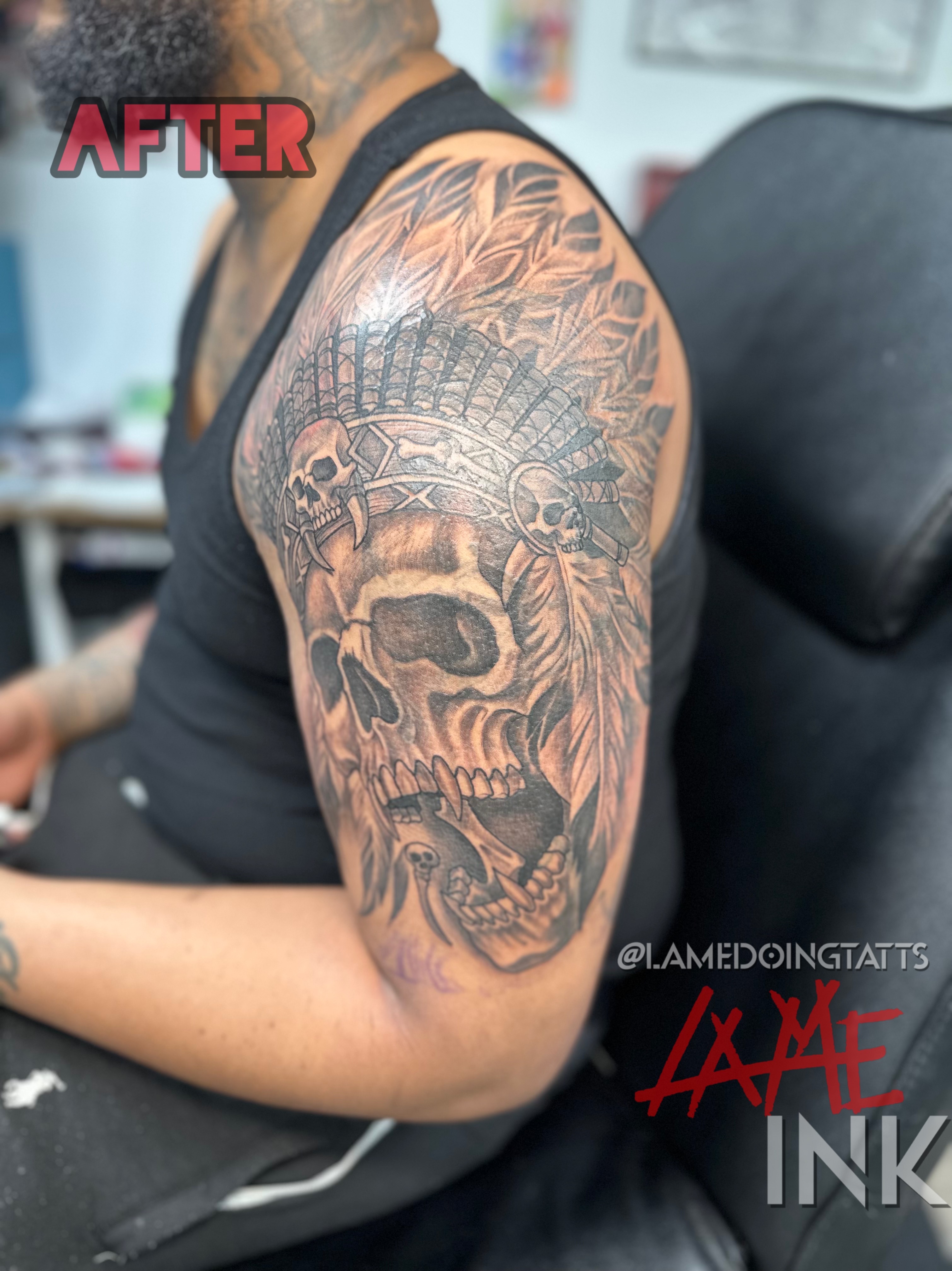 Black & Grey + Illustrative skull tattoo on Upper Arm by LameDoingTatts on TattMe