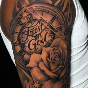 Black & Grey + Lettering watch tattoo on Upper Arm by TATMANERC on TattMe