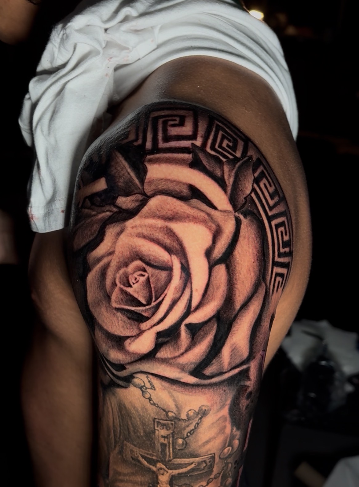 Surrealism + Black & Grey rose tattoo on Shoulder by TATMANERC on TattMe