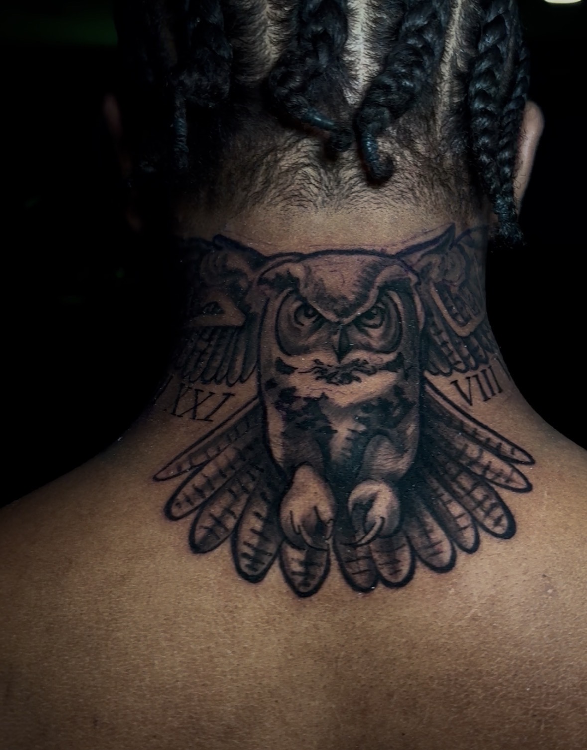 Surrealism + Black & Grey owl tattoo on Neck (Back) by TATMANERC on TattMe