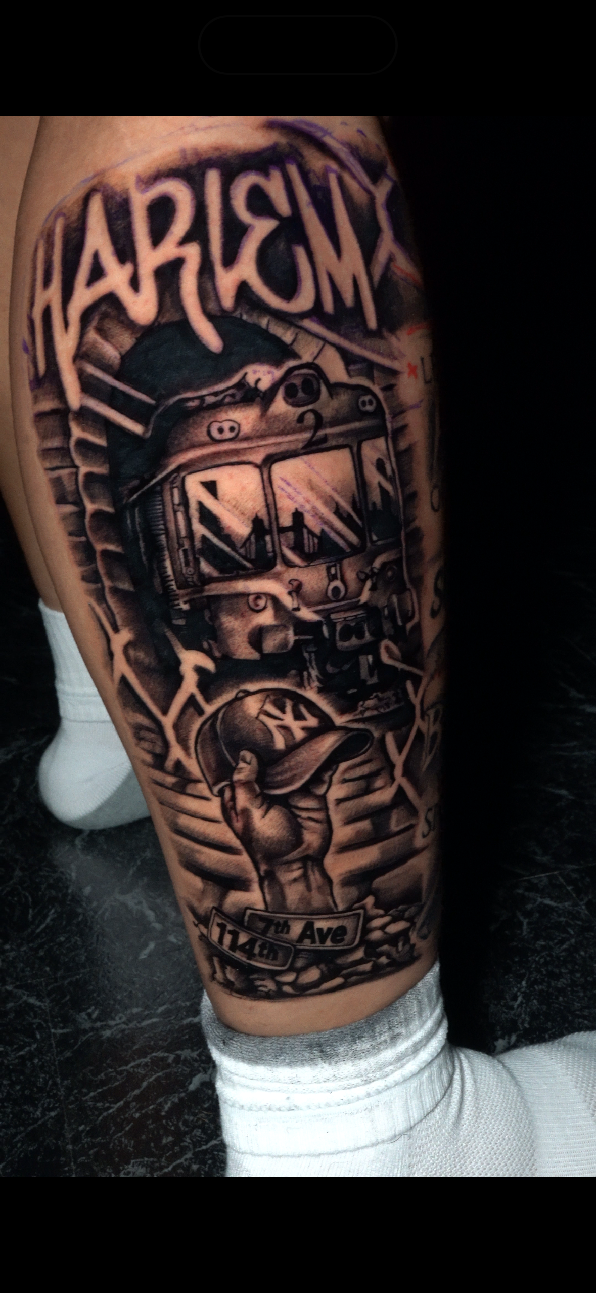Black & Grey + Lettering harlem tattoo on Calf by TATMANERC on TattMe