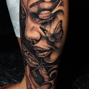 Black & Grey + Realism woman tattoo on Calf by TATMANERC on TattMe