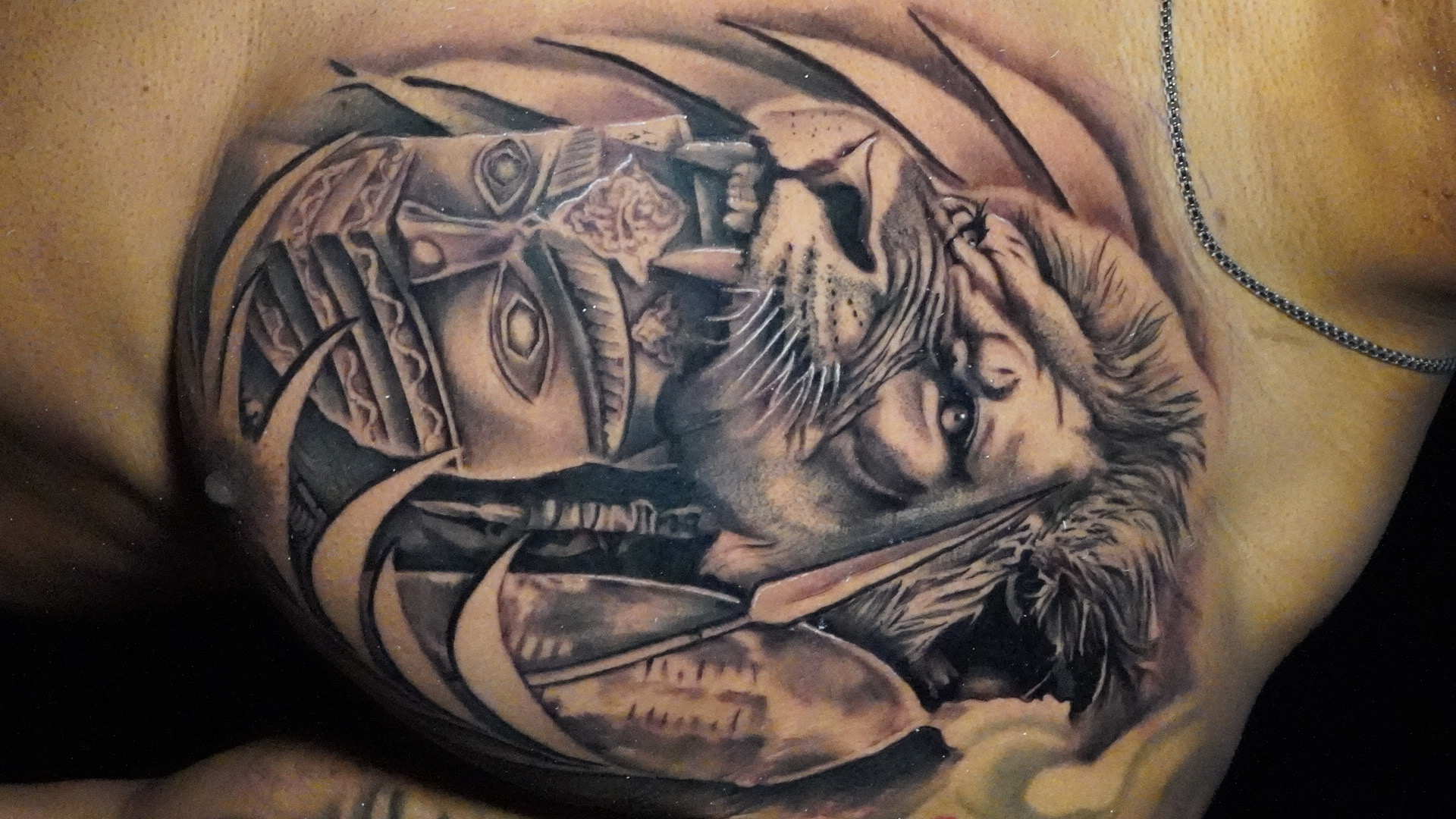 Black & Grey + Realism lion tattoo on Chest by TATMANERC on TattMe