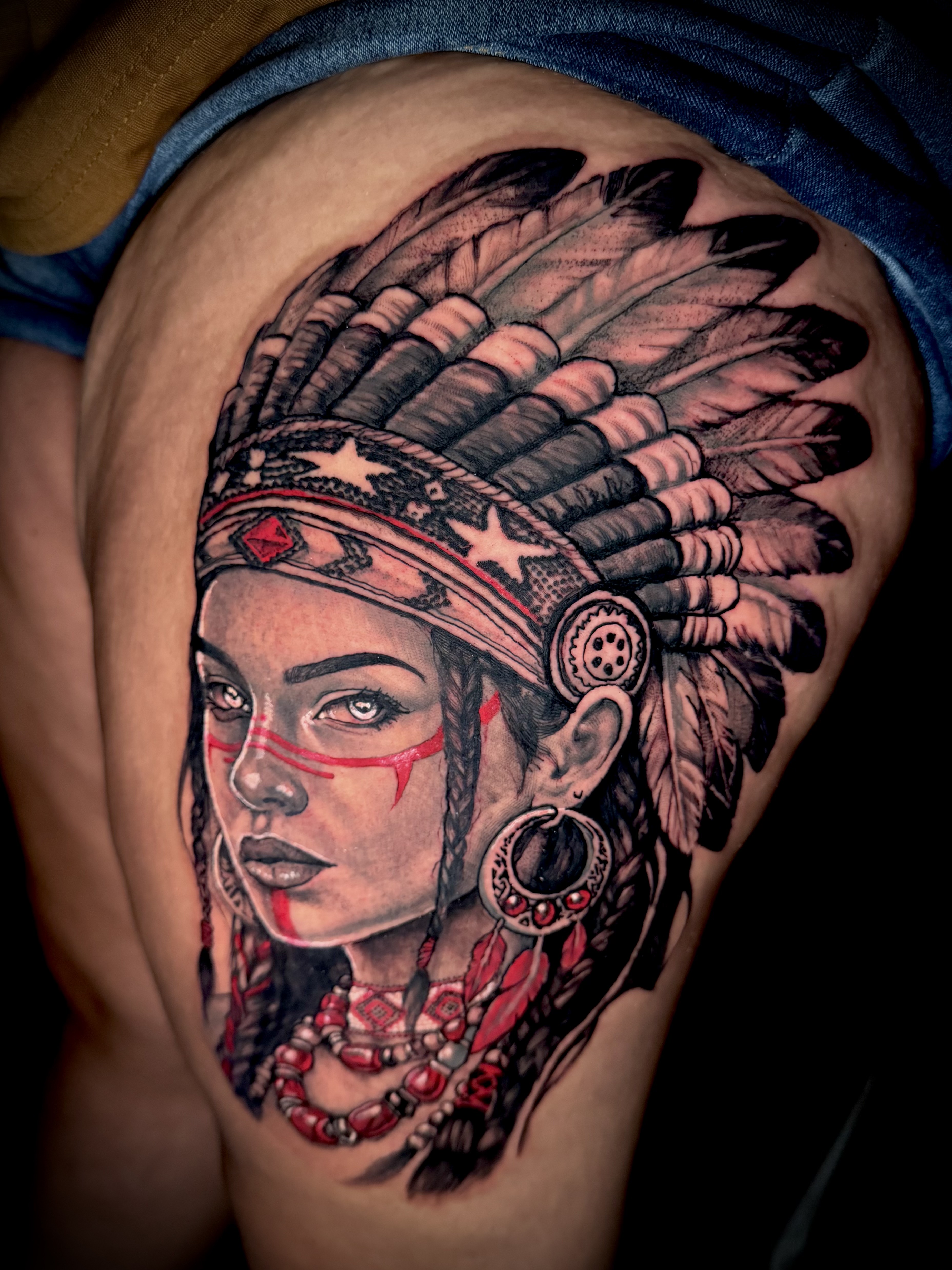Realism + Portrait woman tattoo on Thigh by DTXIII on TattMe