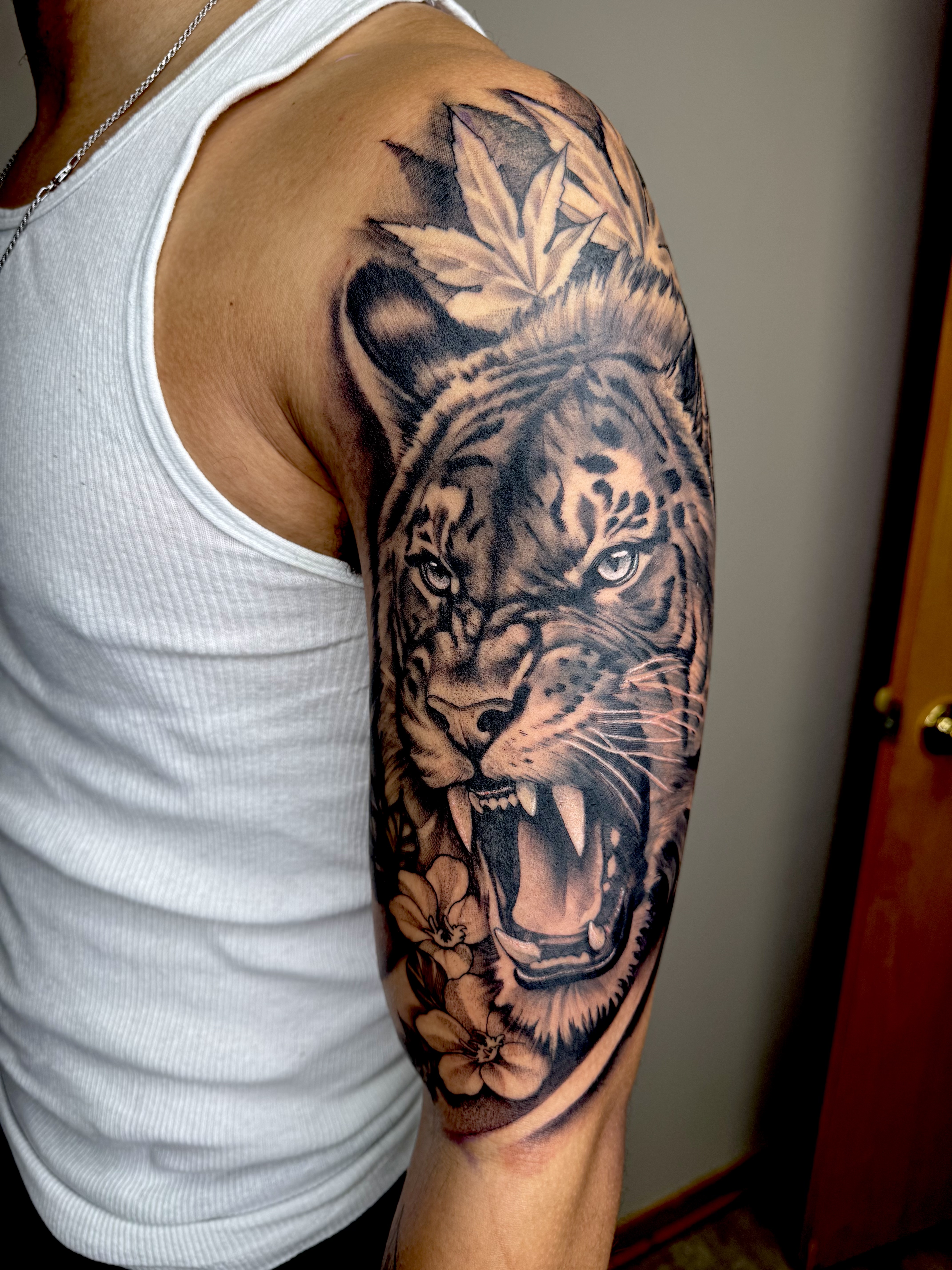 Realism + Black & Grey tiger tattoo on Upper Arm by DTXIII on TattMe