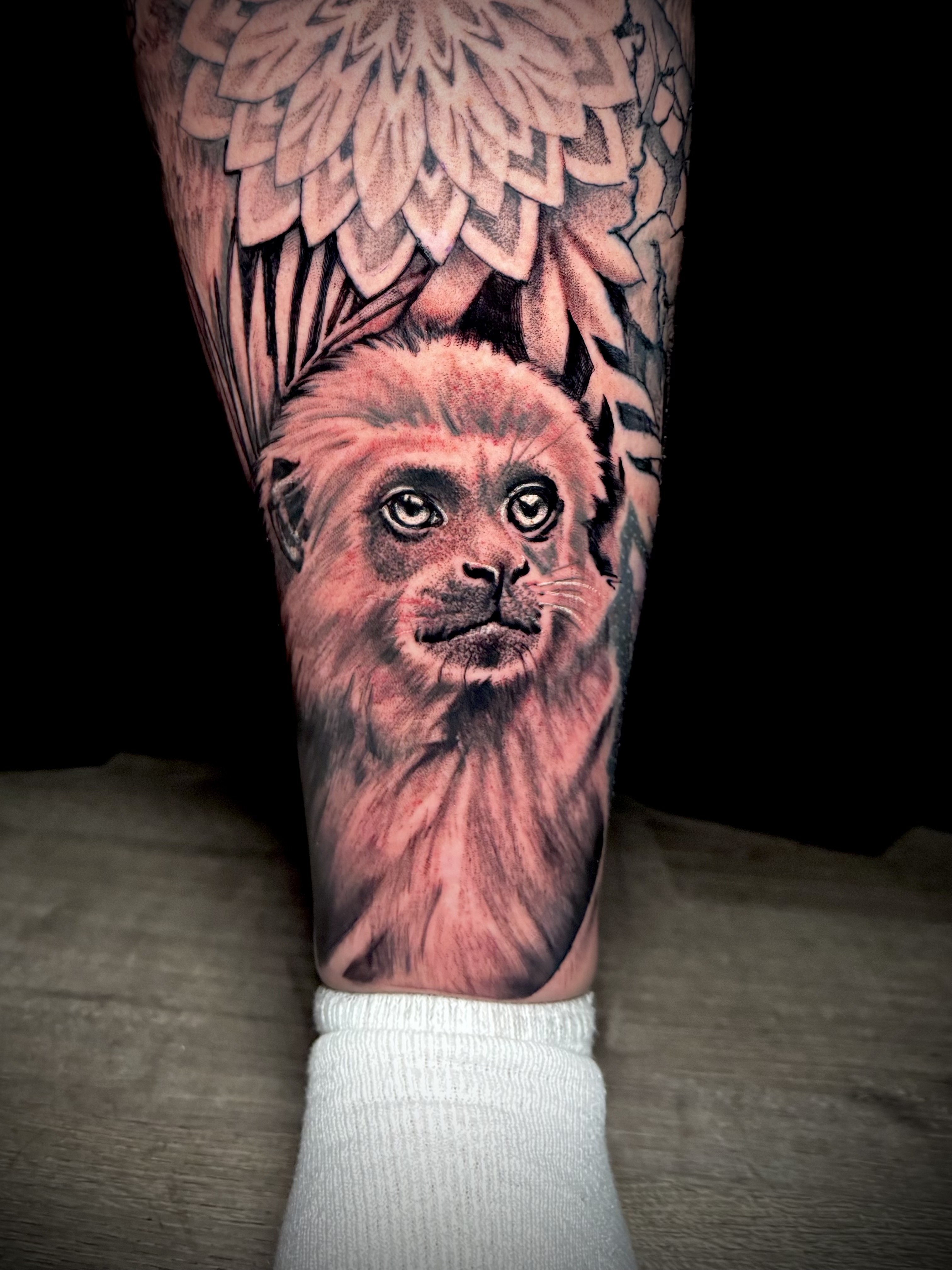 Realism + Black & Grey monkey tattoo on Calf by DTXIII on TattMe