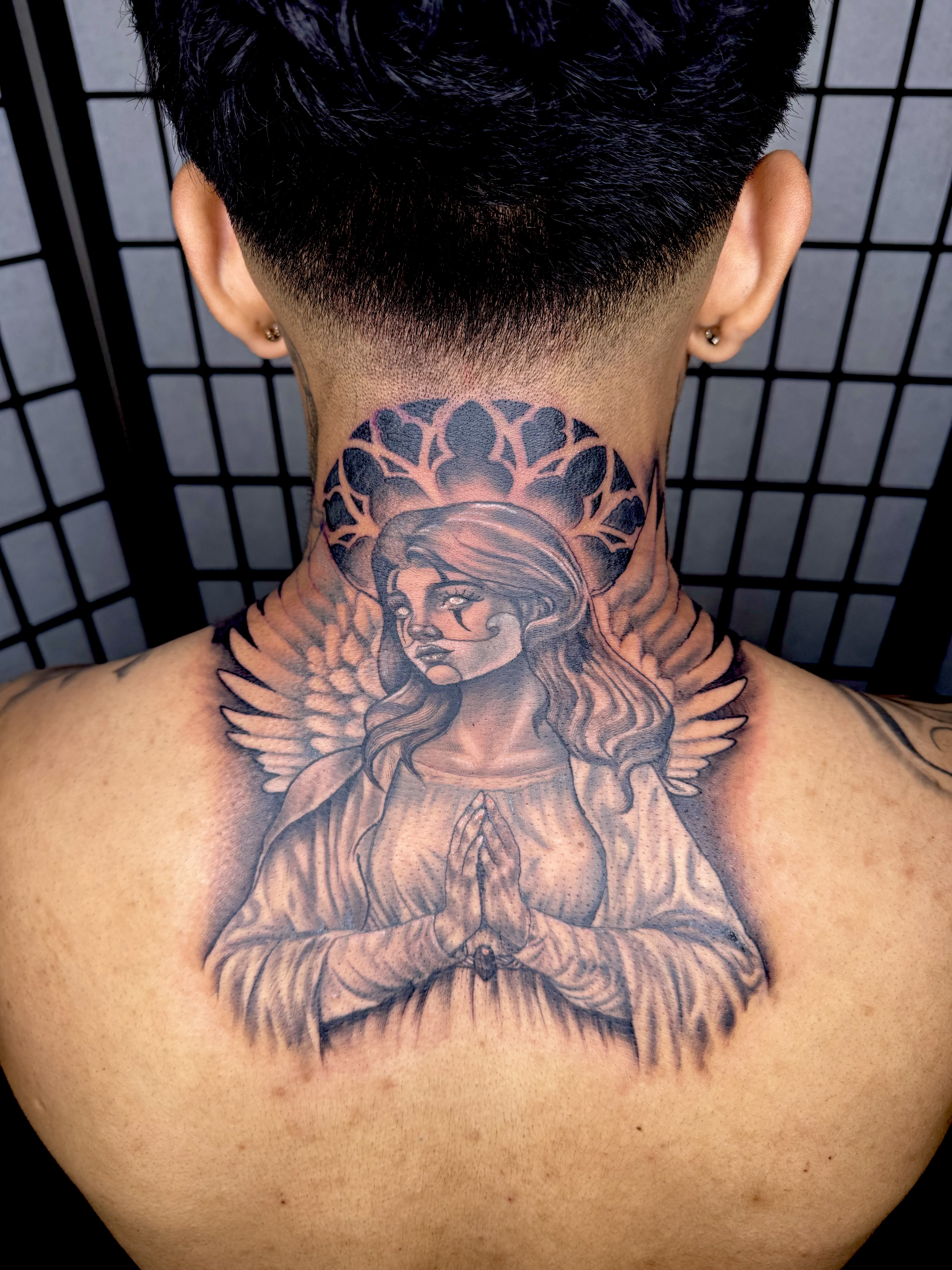 Black & Grey + Illustrative angel tattoo on Neck (Back) by DTXIII on TattMe