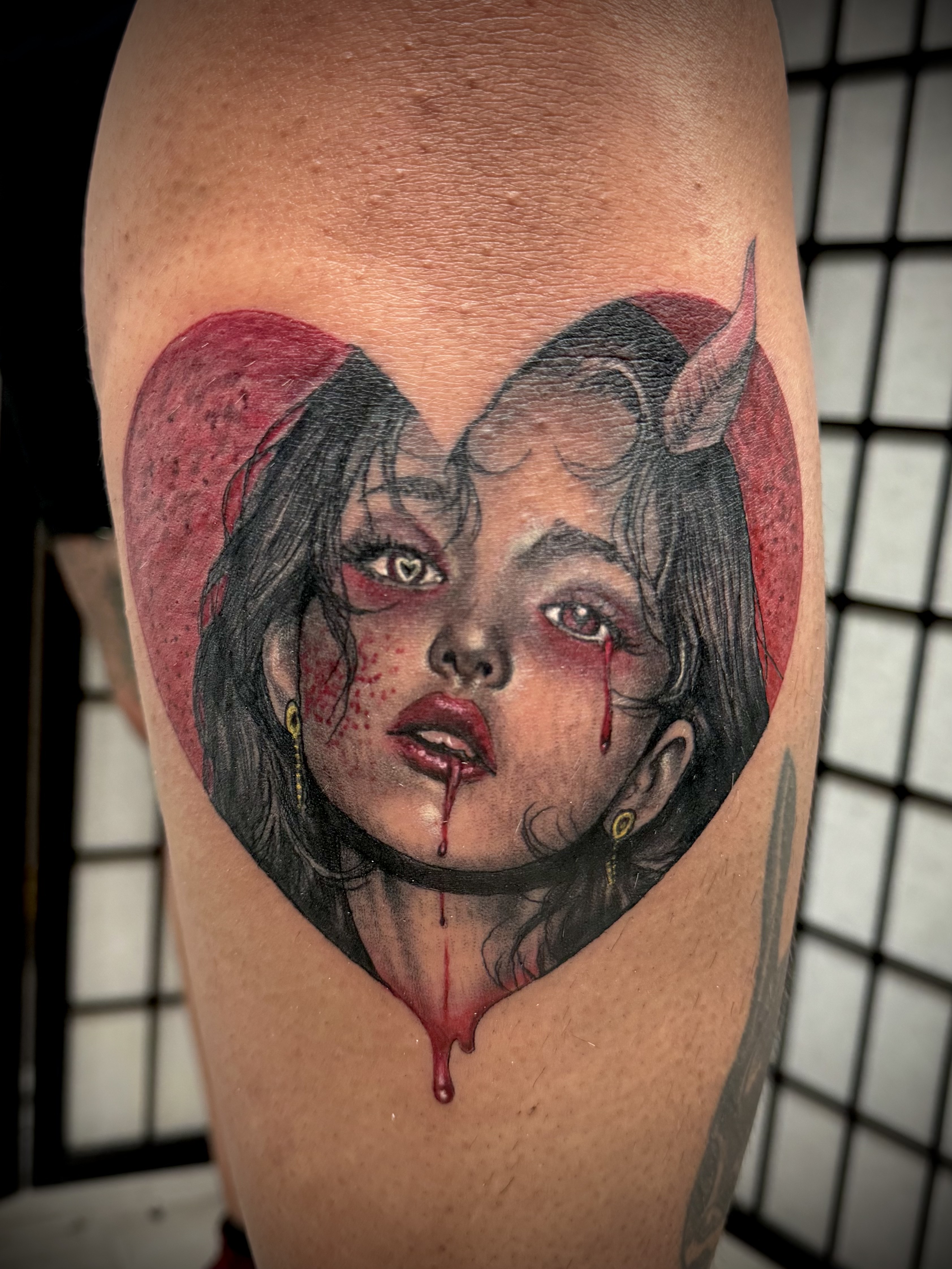Color + Illustrative demoness tattoo on Thigh by DTXIII on TattMe