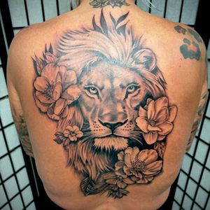 Black & Grey + Realism lion tattoo on Upper Back by DTXIII on TattMe