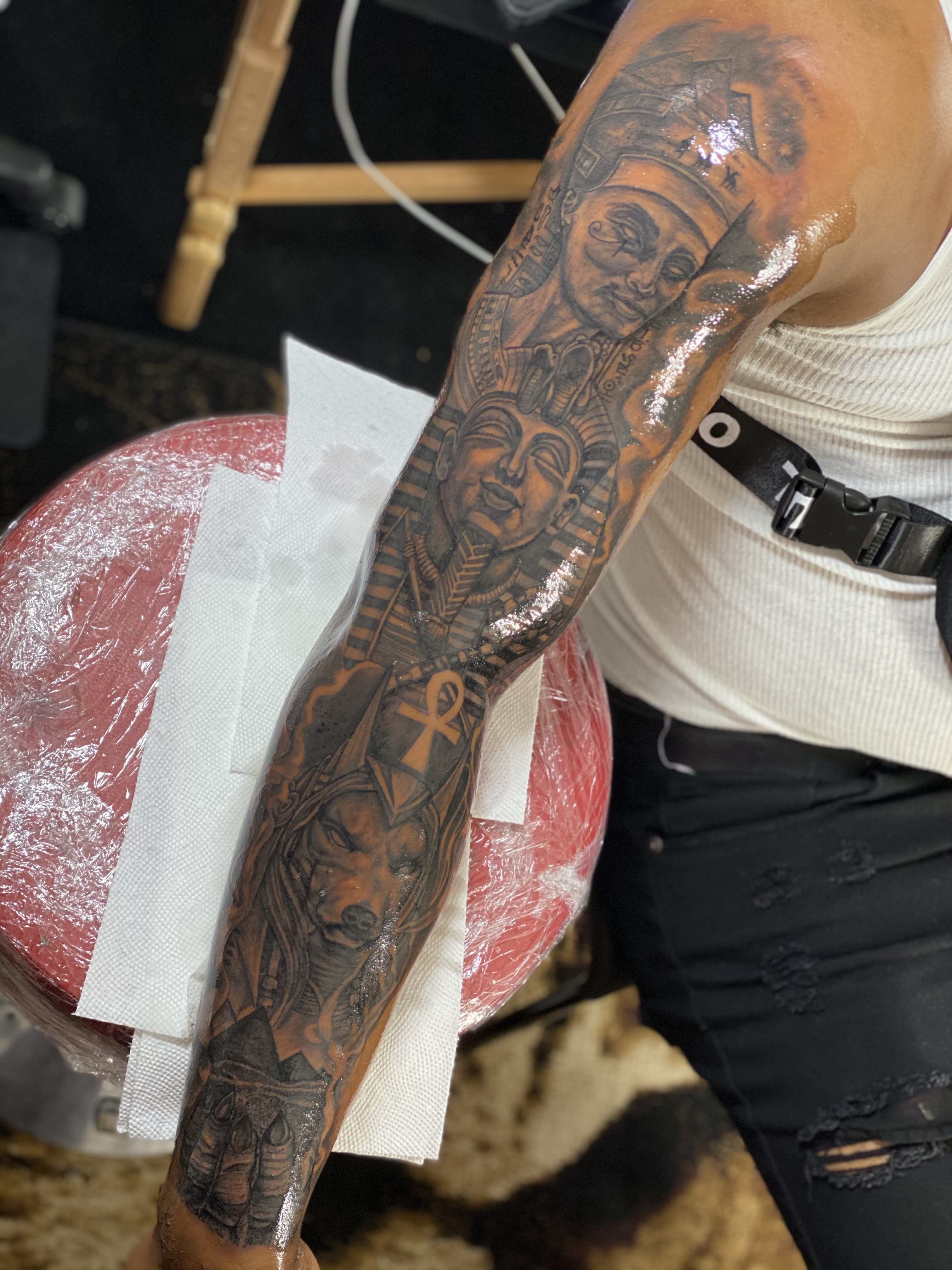 Black & Grey + Illustrative pharaohs tattoo on Full Sleeve by 438Star on TattMe