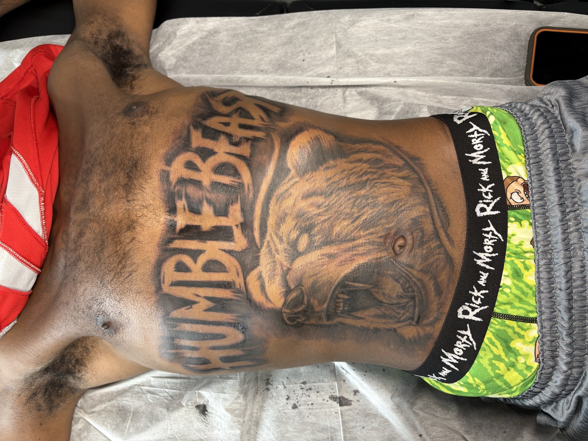 Black & Grey + Illustrative bear tattoo on Stomach by 438Star on TattMe