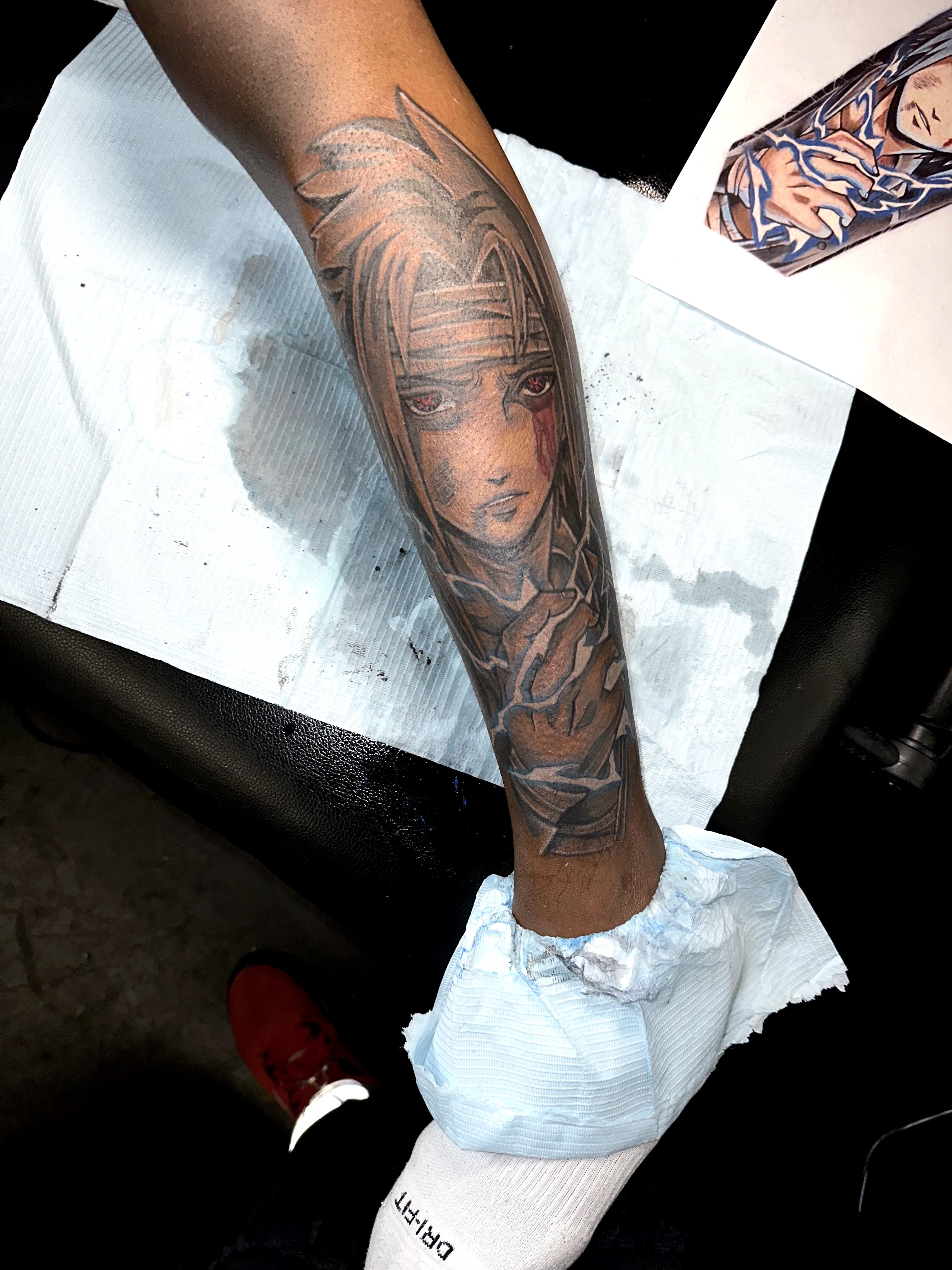 Anime + Black & Grey anime character tattoo on Shin by 438Star on TattMe