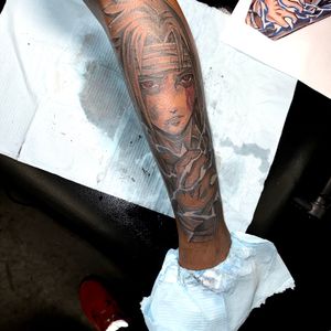 Anime + Black & Grey anime character tattoo on Shin by 438Star on TattMe